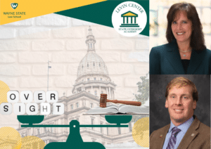 Graphic with scale holding the word Oversight on the left and a gavel and book on the right. On the right side of the image are two panelists